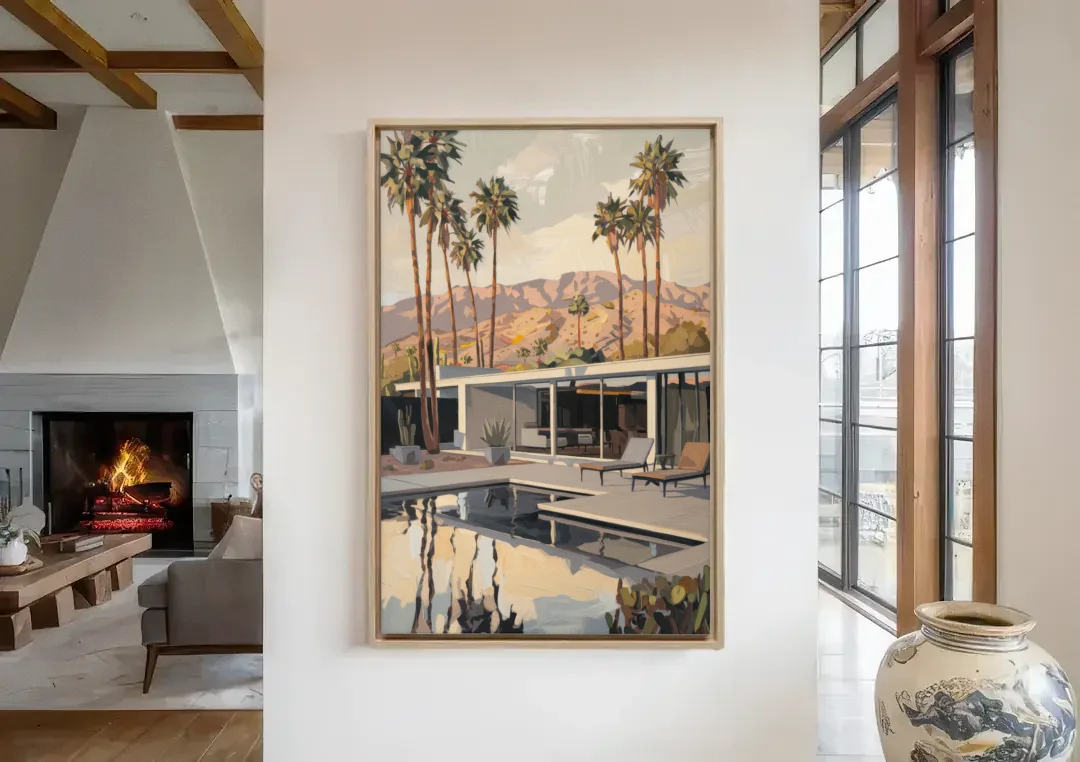Palm Springs Mid Century Vibes canvas wall art in a living room with a fireplace