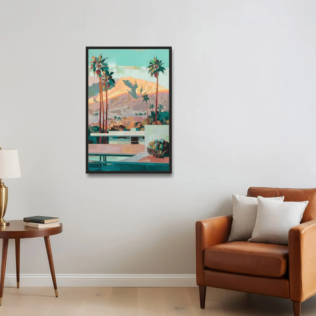 Palm Springs Mountain View - Black Framed Canvas Wall Art - Sofa - 24x36
