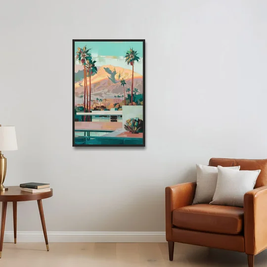 Palm Springs Mountain View - Black Framed Canvas Wall Art - Sofa - 24x36