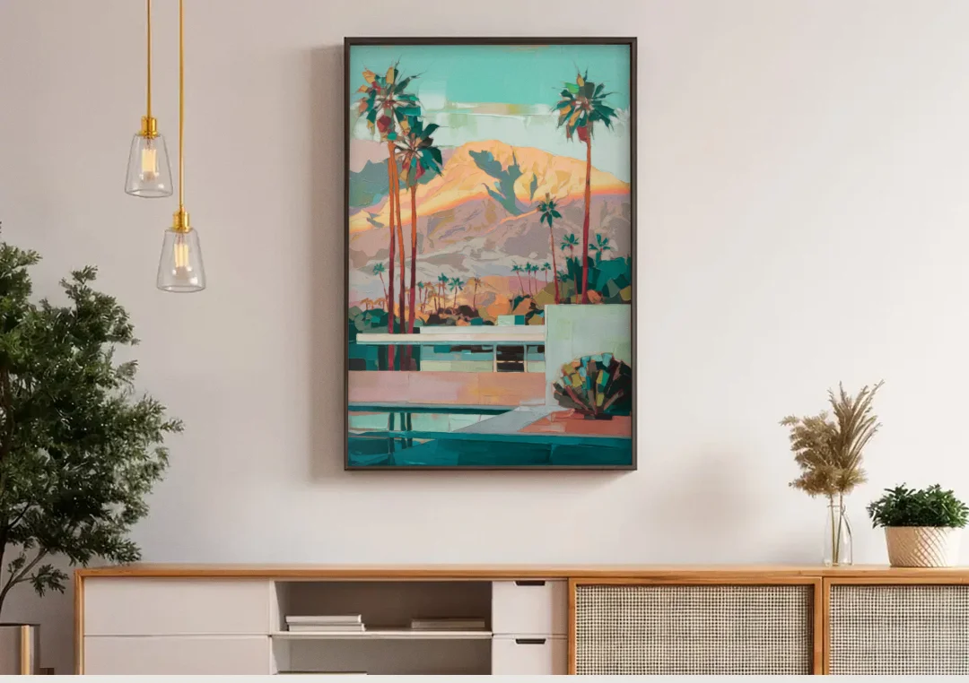 Palm Springs Mountain View canvas wall art above a wooden sideboard under pendant lights