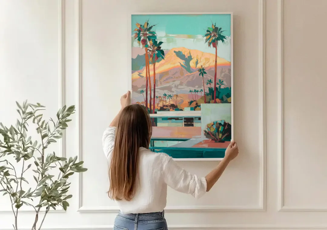 Palm Springs Mountain View canvas wall art being hung on a paneled wall