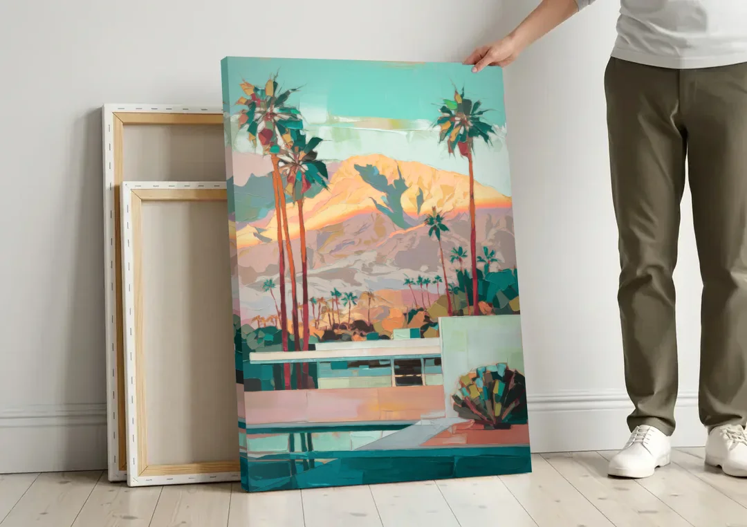 Palm Springs Mountain View canvas wall art leaning against a wall next to blank canvases