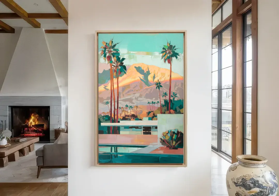 Palm Springs Mountain View canvas wall art in a living room with a fireplace