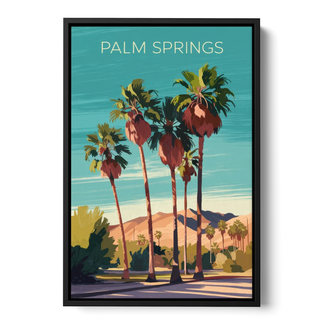 Palm Springs Palm Trees and Sky - Black Framed Canvas Wall Art - Front