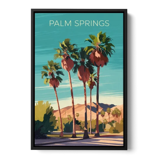 Palm Springs Palm Trees and Sky - Black Framed Canvas Wall Art - Front