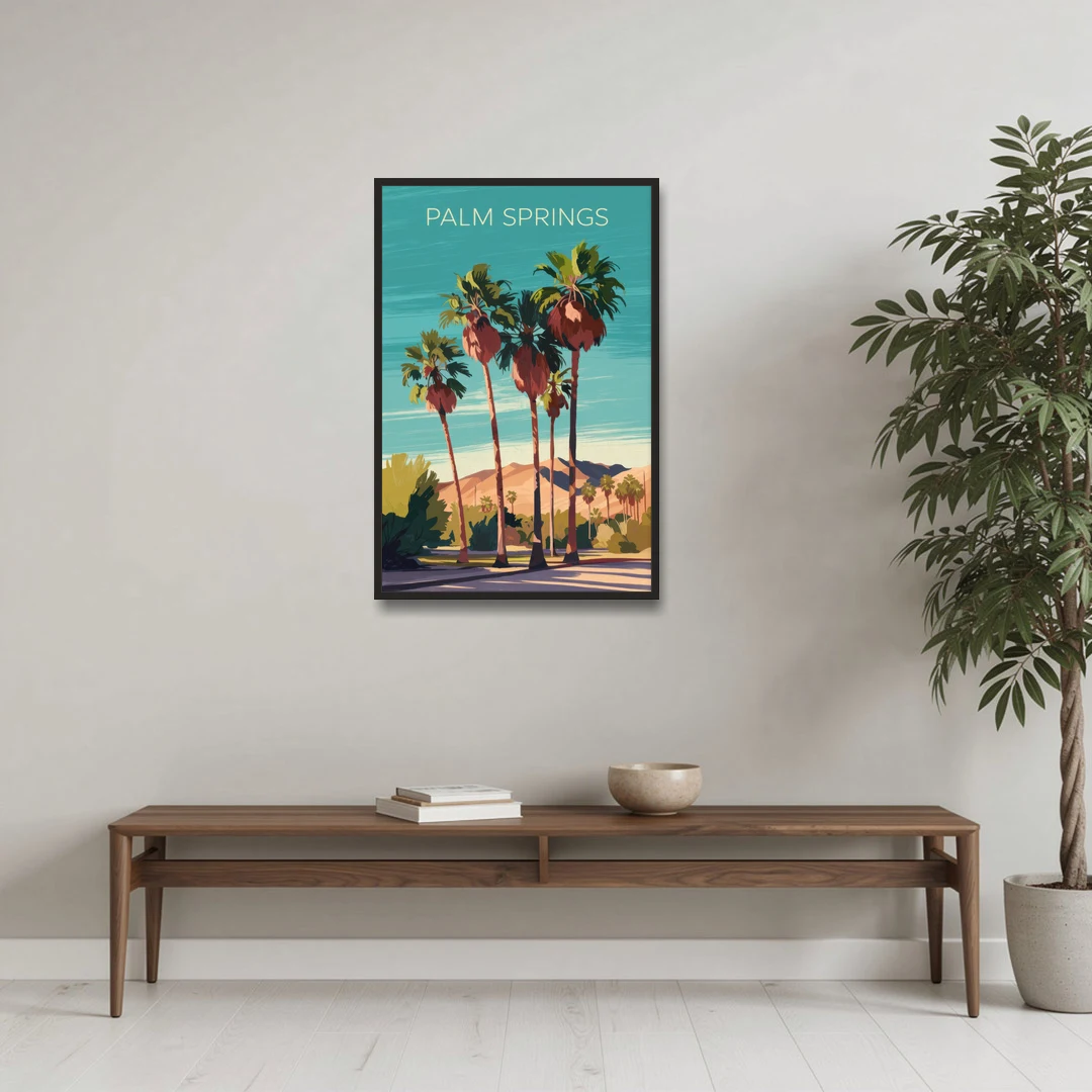 Palm Springs Palm Trees and Sky - Black Framed Canvas Wall Art - Coffee Table - 24x36