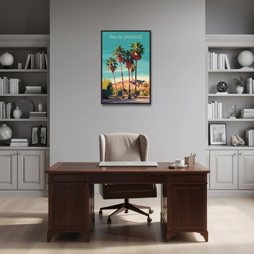 Palm Springs Palm Trees and Sky - Black Framed Canvas Wall Art - Office - 24x36