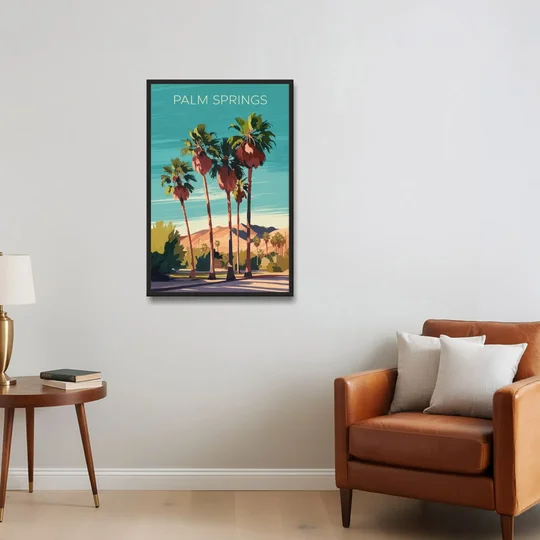 Palm Springs Palm Trees and Sky - Black Framed Canvas Wall Art - Sofa - 24x36