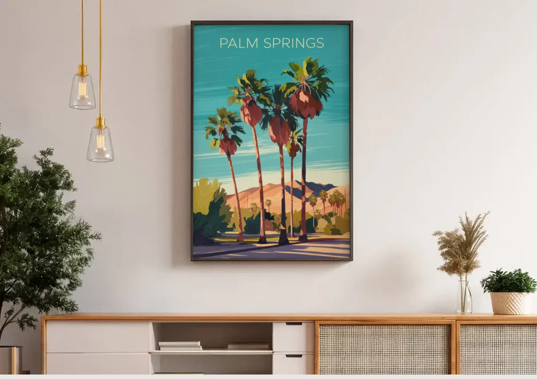 Palm Springs Palm Trees and Sky canvas wall art above a wooden sideboard under pendant lights