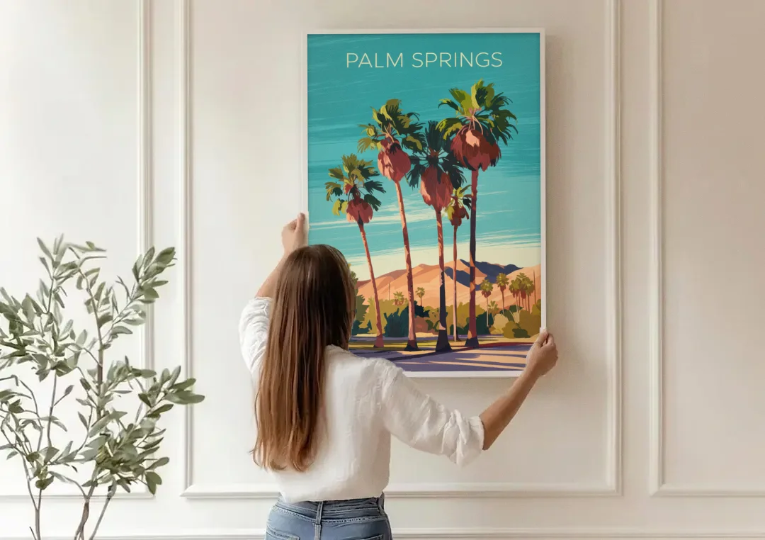 Palm Springs Palm Trees and Sky canvas wall art being hung on a paneled wall