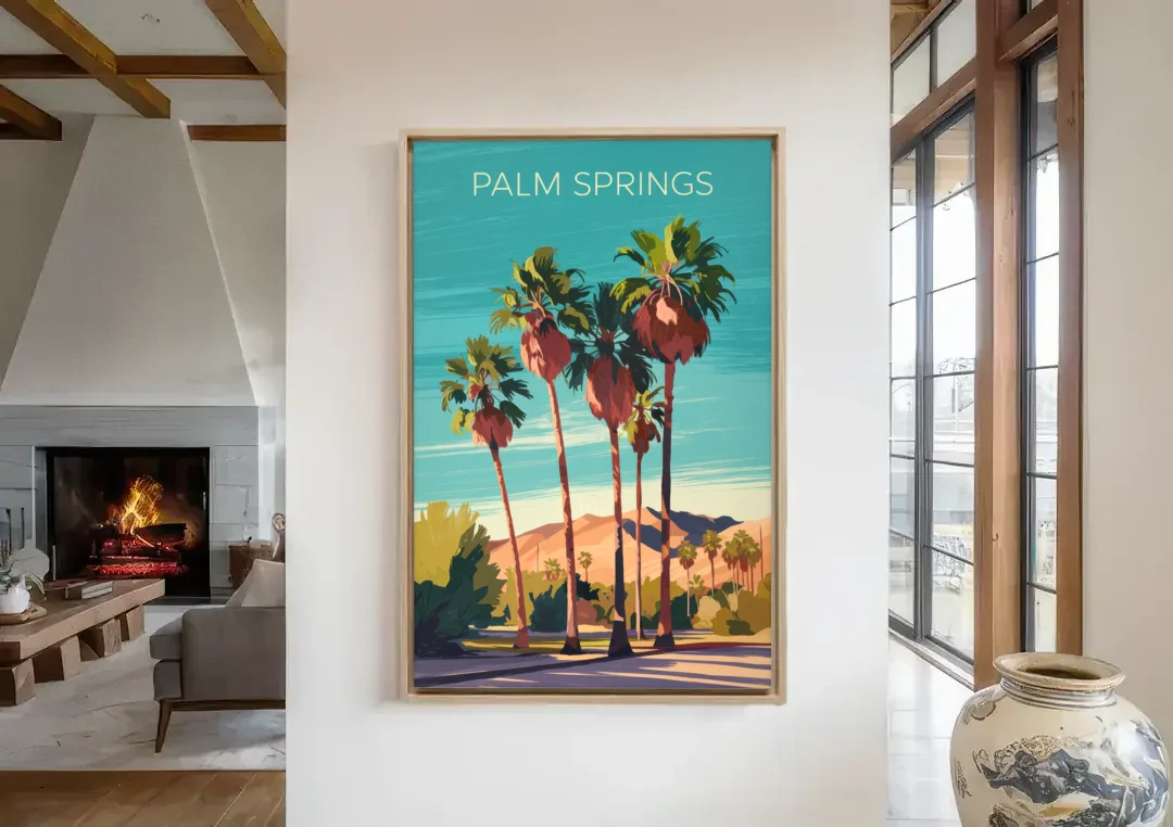 Palm Springs Palm Trees and Sky canvas wall art in a living room with a fireplace