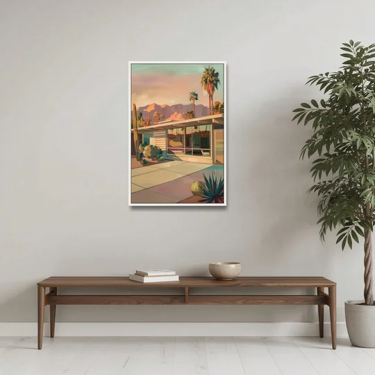 Palm Springs Retro Architecture - White Framed Canvas Wall Art - Coffee Table - 24x36