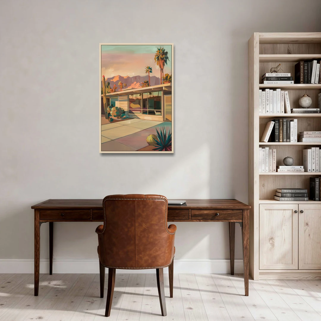 Palm Springs Retro Architecture - Oak Framed Canvas Wall Art - Office - 24x36