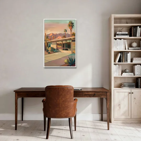 Palm Springs Retro Architecture - White Framed Canvas Wall Art - Office - 24x36