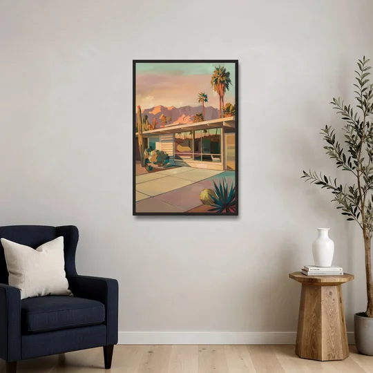 Palm Springs Retro Architecture - Black Framed Canvas Wall Art - Sofa - 24x36
