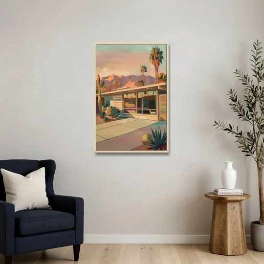 Palm Springs Retro Architecture - Oak Framed Canvas Wall Art - Sofa - 24x36