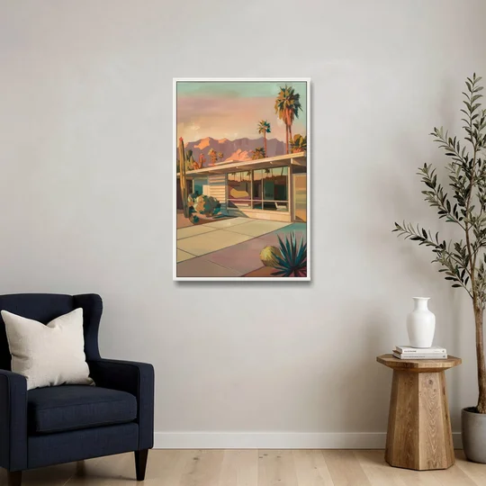 Palm Springs Retro Architecture - White Framed Canvas Wall Art - Sofa - 24x36