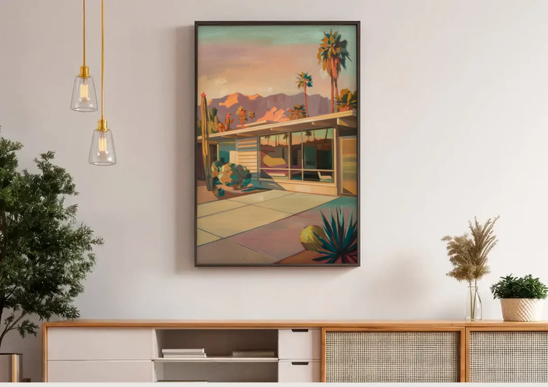 Palm Springs Retro Architecture canvas wall art above a wooden sideboard under pendant lights