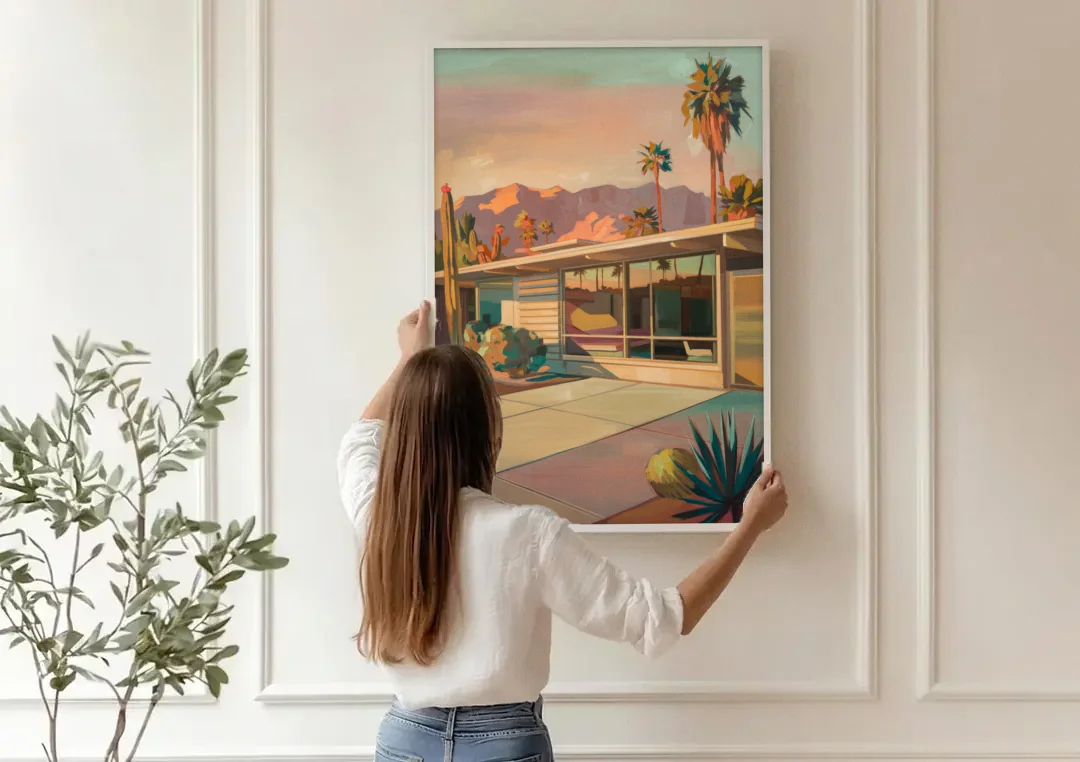Palm Springs Retro Architecture canvas wall art being hung on a paneled wall