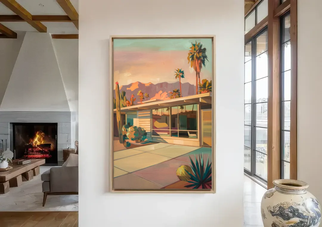 Palm Springs Retro Architecture canvas wall art in a living room with a fireplace