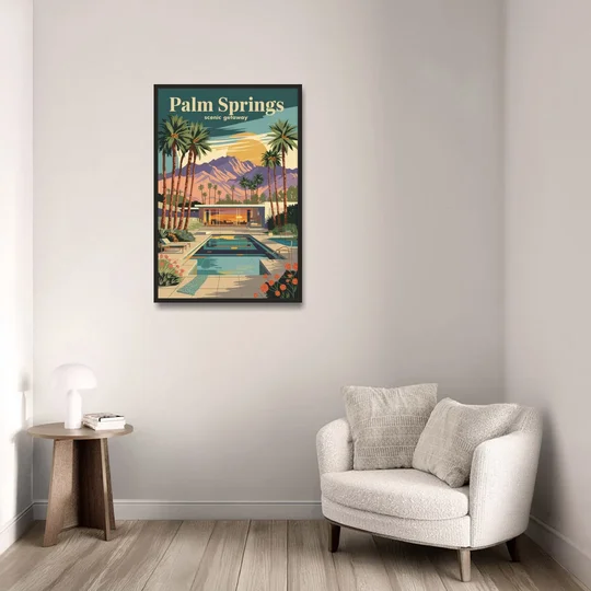 Palm Springs Scenic Getaway - Black Framed Canvas Wall Art - Sofa - 24x36