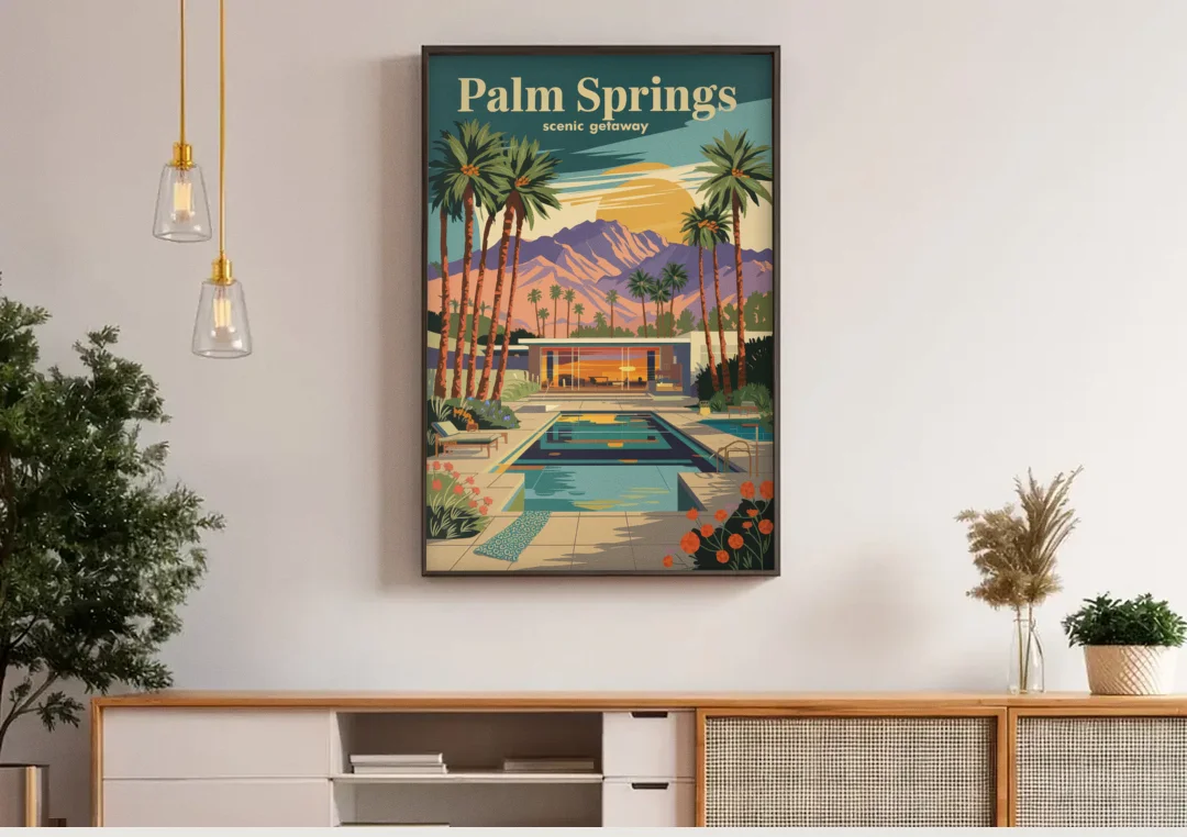 Palm Springs Scenic Getaway canvas wall art above a wooden sideboard under pendant lights