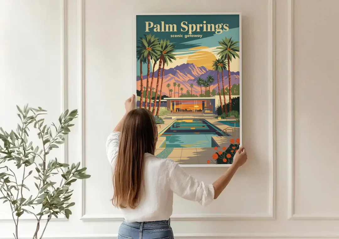 Palm Springs Scenic Getaway canvas wall art being hung on a paneled wall