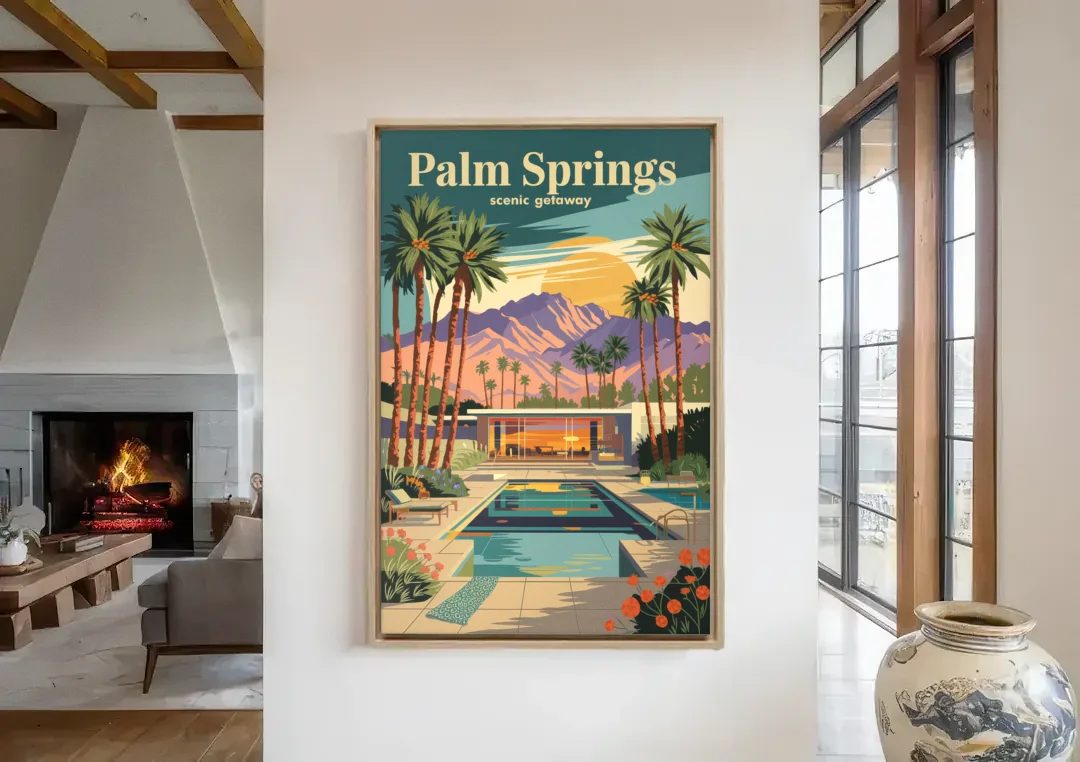 Palm Springs Scenic Getaway canvas wall art in a living room with a fireplace