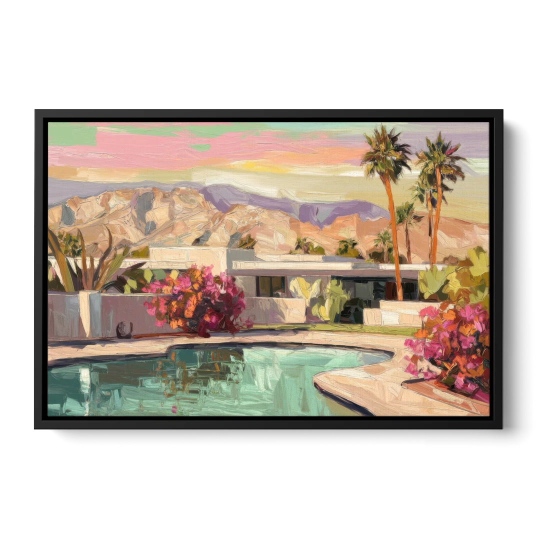Palm Springs Sunlit Landscape - Black Framed Canvas Wall Art - Front