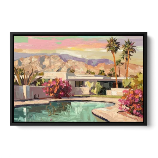 Palm Springs Sunlit Landscape - Black Framed Canvas Wall Art - Front