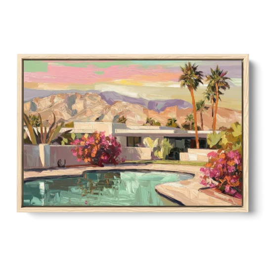 Palm Springs Sunlit Landscape - Oak Framed Canvas Wall Art - Front