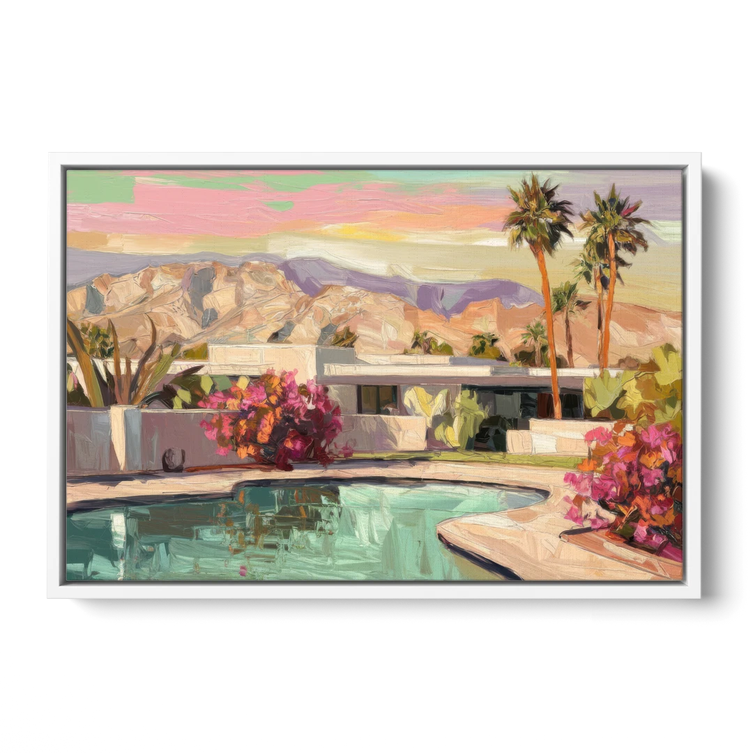 Palm Springs Sunlit Landscape - White Framed Canvas Wall Art - Front