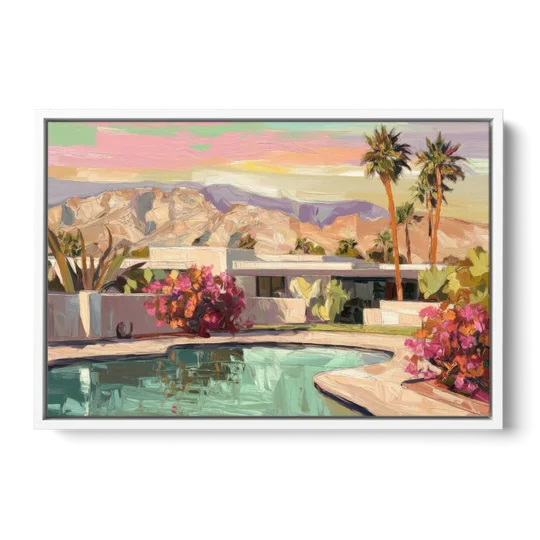 Palm Springs Sunlit Landscape - White Framed Canvas Wall Art - Front