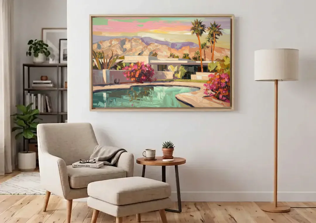 Palm Springs Sunlit Landscape canvas wall art above an armchair in a bright living room