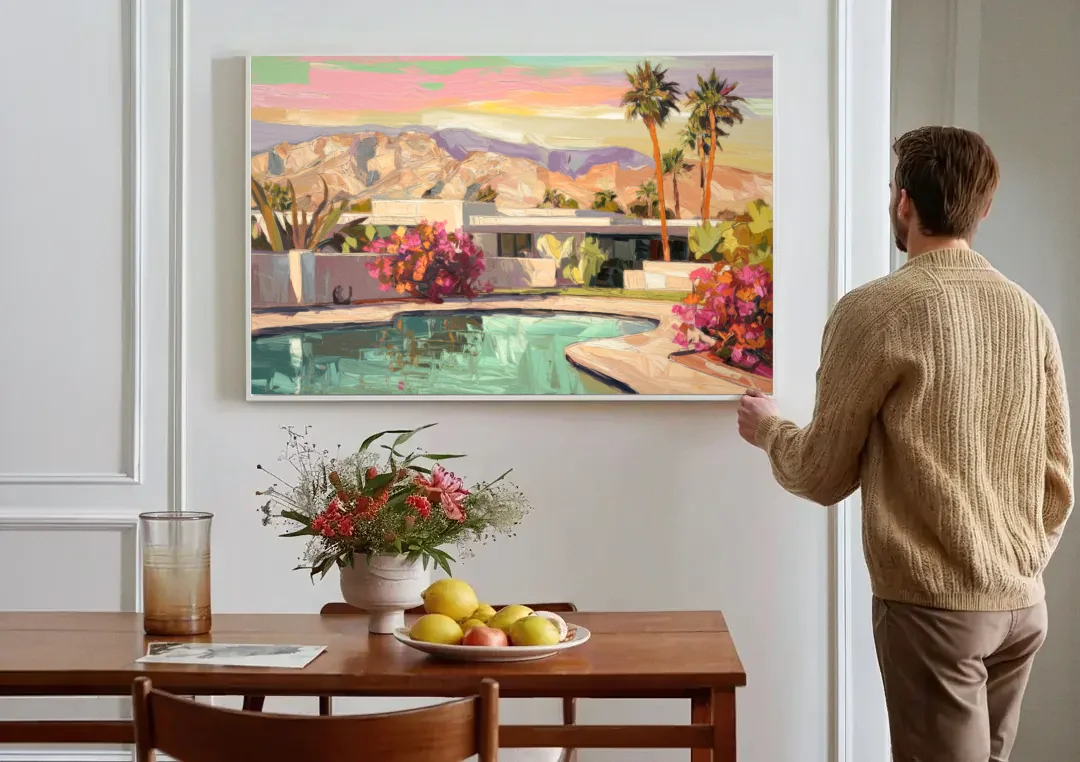 Palm Springs Sunlit Landscape canvas wall art above a dining table