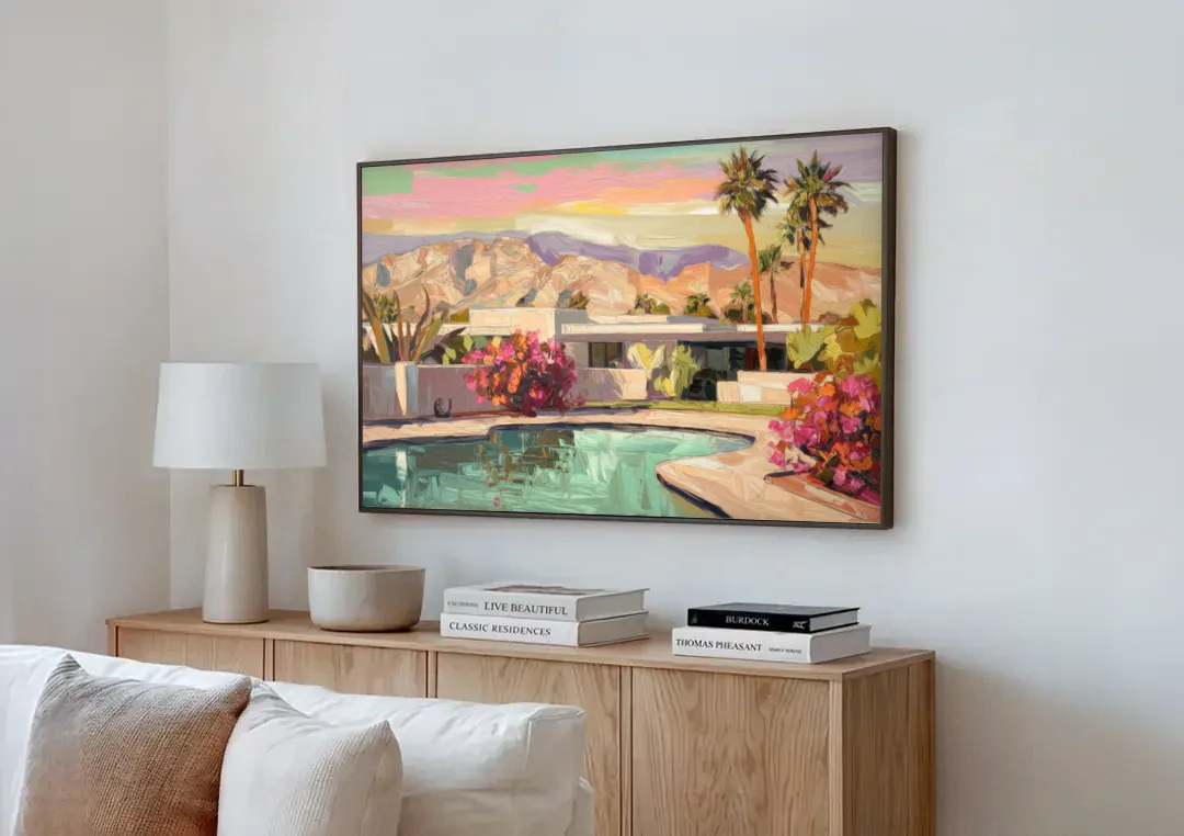Palm Springs Sunlit Landscape canvas wall art above a wooden sideboard next to a sofa
