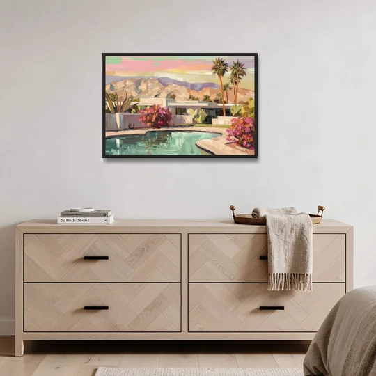 Palm Springs Sunlit Landscape - Black Framed Canvas Wall Art - Coffee Table - 36x24
