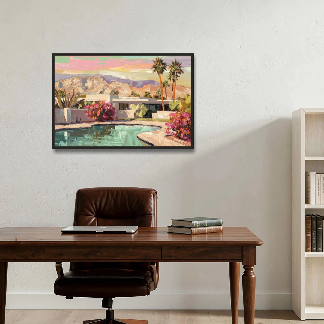 Palm Springs Sunlit Landscape - Black Framed Canvas Wall Art - Office - 36x24