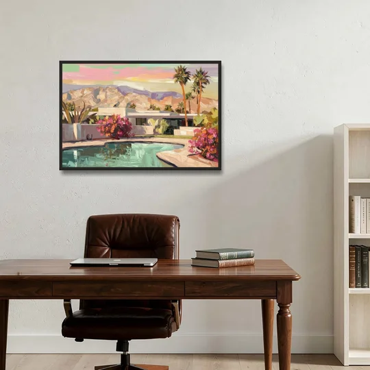 Palm Springs Sunlit Landscape - Black Framed Canvas Wall Art - Office - 36x24
