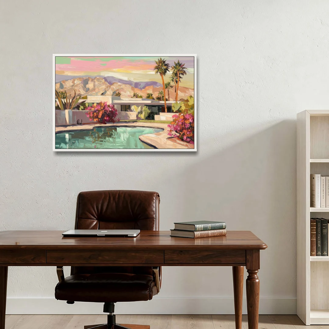 Palm Springs Sunlit Landscape - White Framed Canvas Wall Art - Office - 36x24