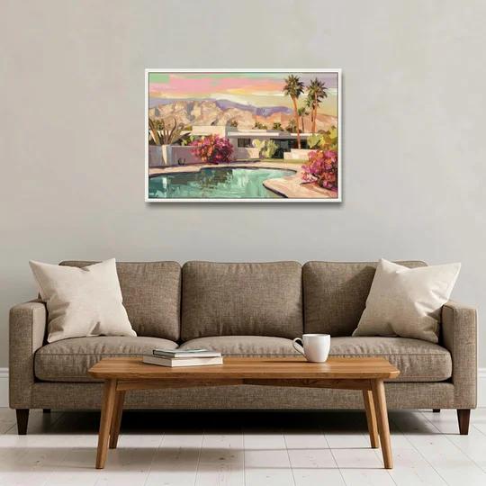 Palm Springs Sunlit Landscape - White Framed Canvas Wall Art - Sofa - 36x24