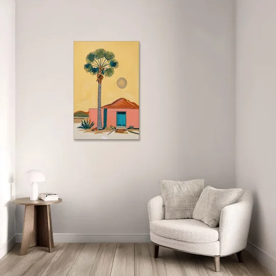 Palm Springs Wall Art with Fan Palm and Casita - Canvas Wall Art - Sofa - 24x36