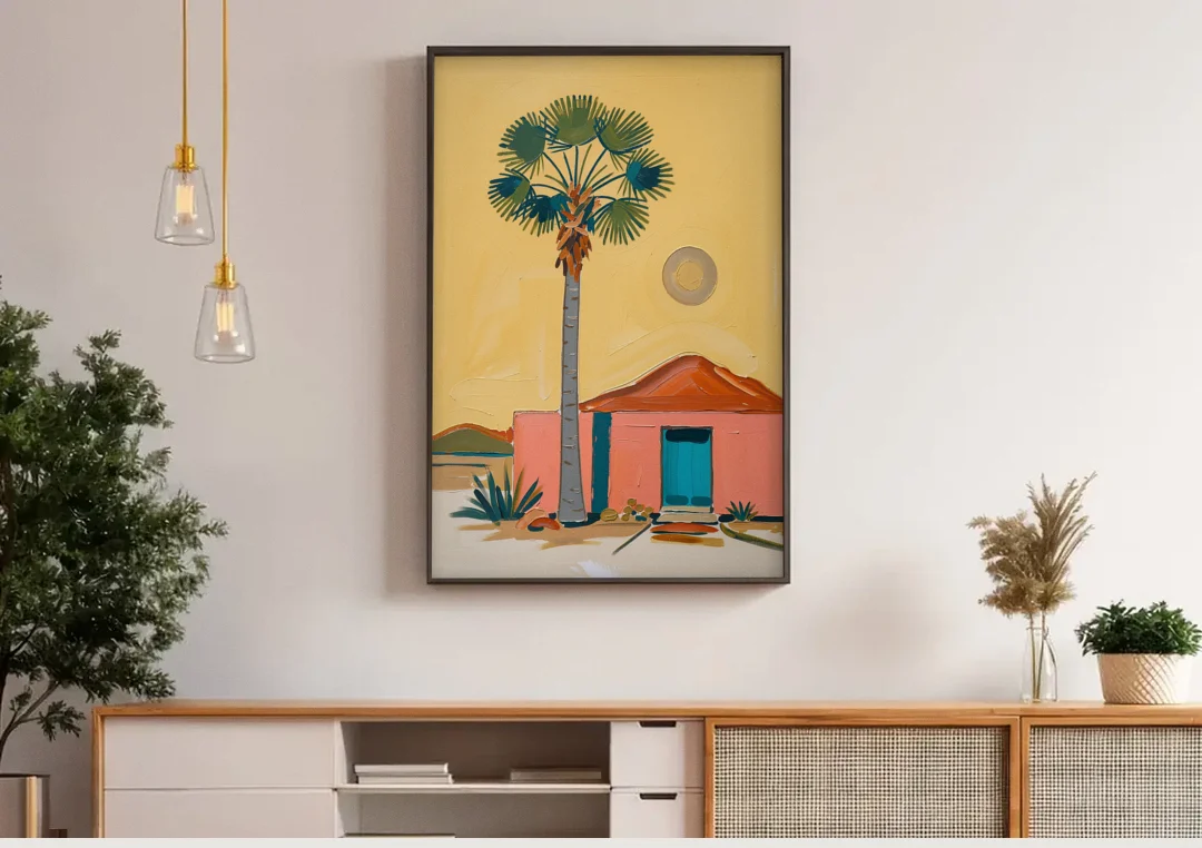 Palm Springs Wall Art with Fan Palm and Casita canvas wall art above a wooden sideboard under pendant lights