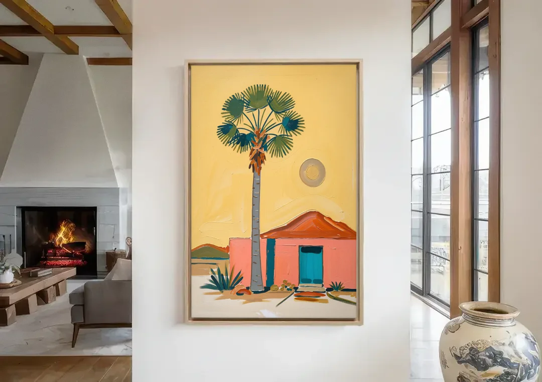 Palm Springs Wall Art with Fan Palm and Casita canvas wall art in a living room with a fireplace