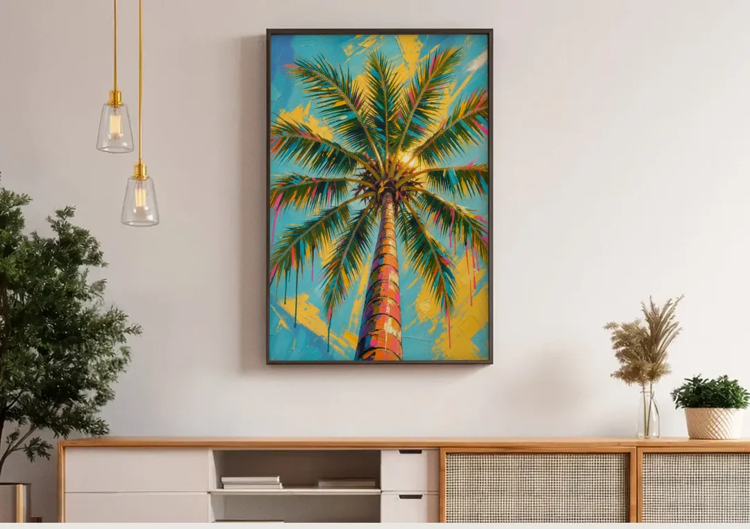 Palm Tree Prints Skyward Frond Burst canvas wall art above a wooden sideboard under pendant lights