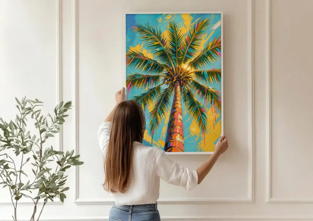 Palm Tree Prints Skyward Frond Burst canvas wall art being hung on a paneled wall