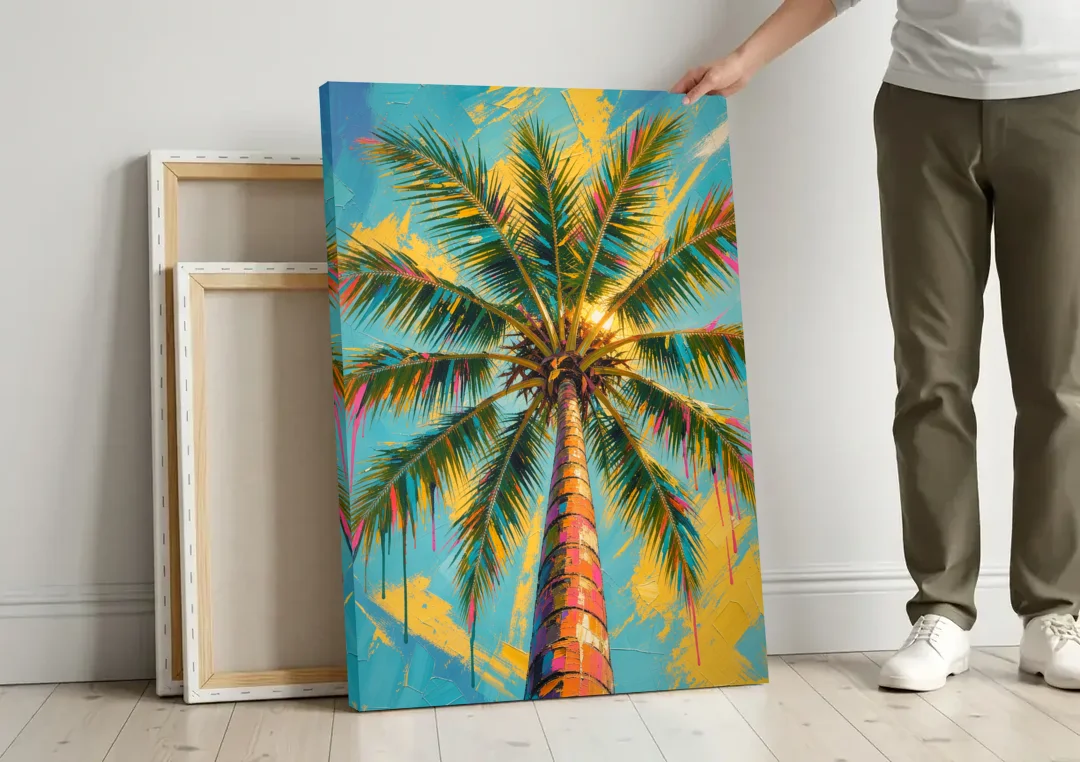 Palm Tree Prints Skyward Frond Burst canvas wall art leaning against a wall next to blank canvases