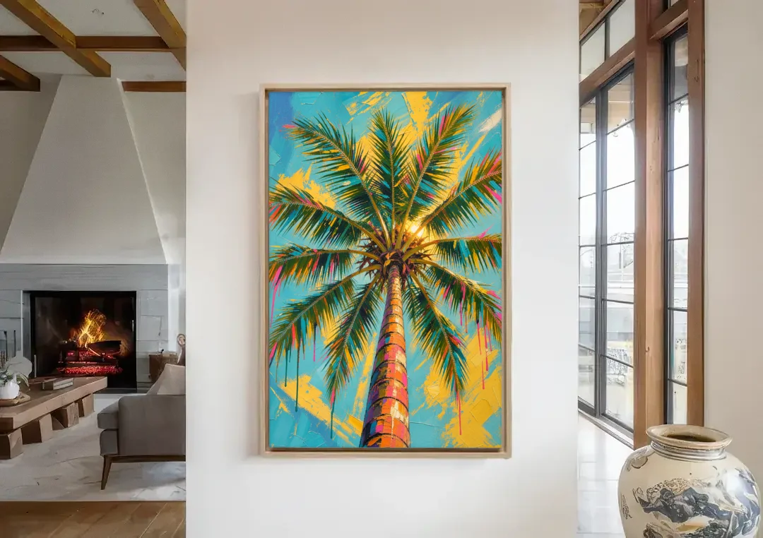 Palm Tree Prints Skyward Frond Burst canvas wall art in a living room with a fireplace