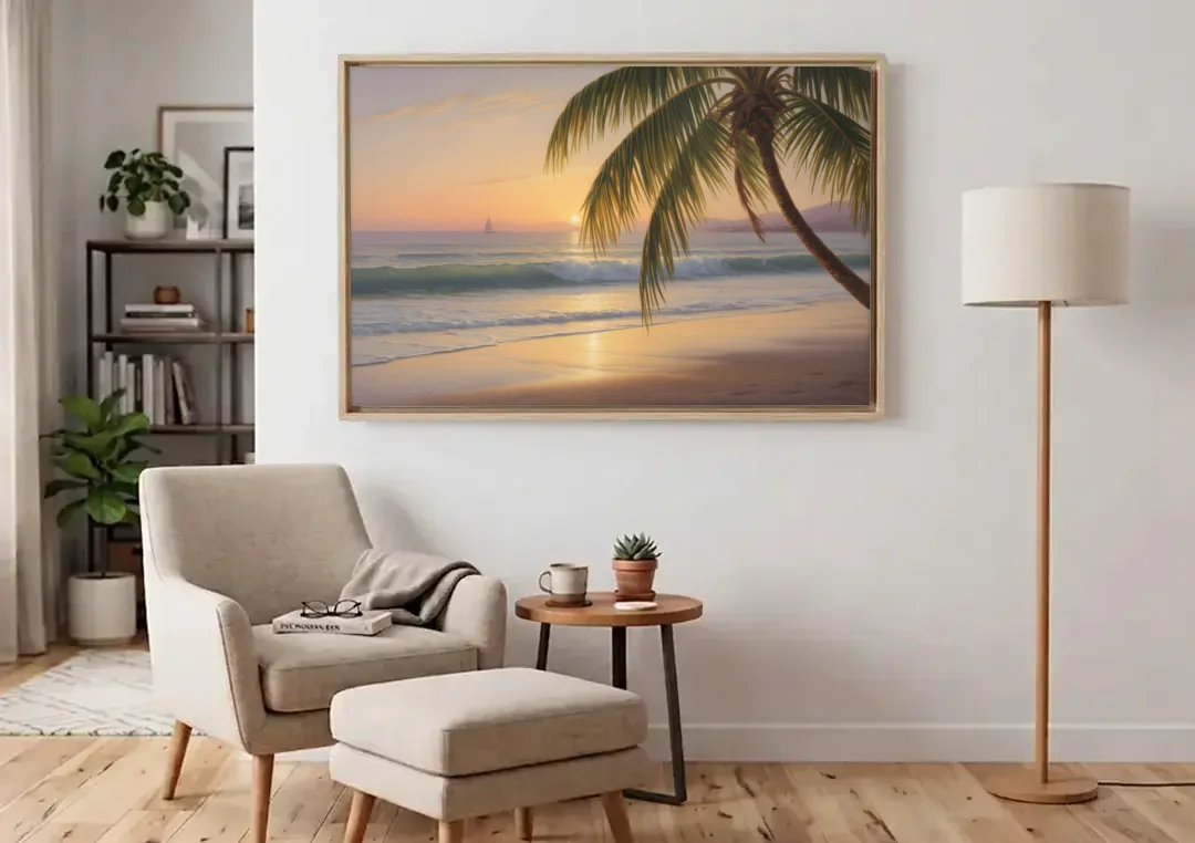 Palmilla Beach Sunrise canvas wall art above an armchair in a bright living room