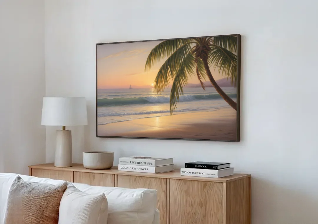 Palmilla Beach Sunrise canvas wall art above a wooden sideboard next to a sofa